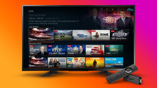 Amazon Fire TV stick in front of a TV showing the Fire TV app