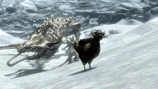 A chicken in an iron helmet stands near a dragon's corpse in Skyrim.