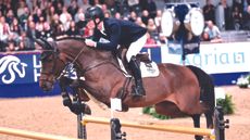 Oli Fletcher jumps Cajus 42 over an oxer at the London International Horse Show
