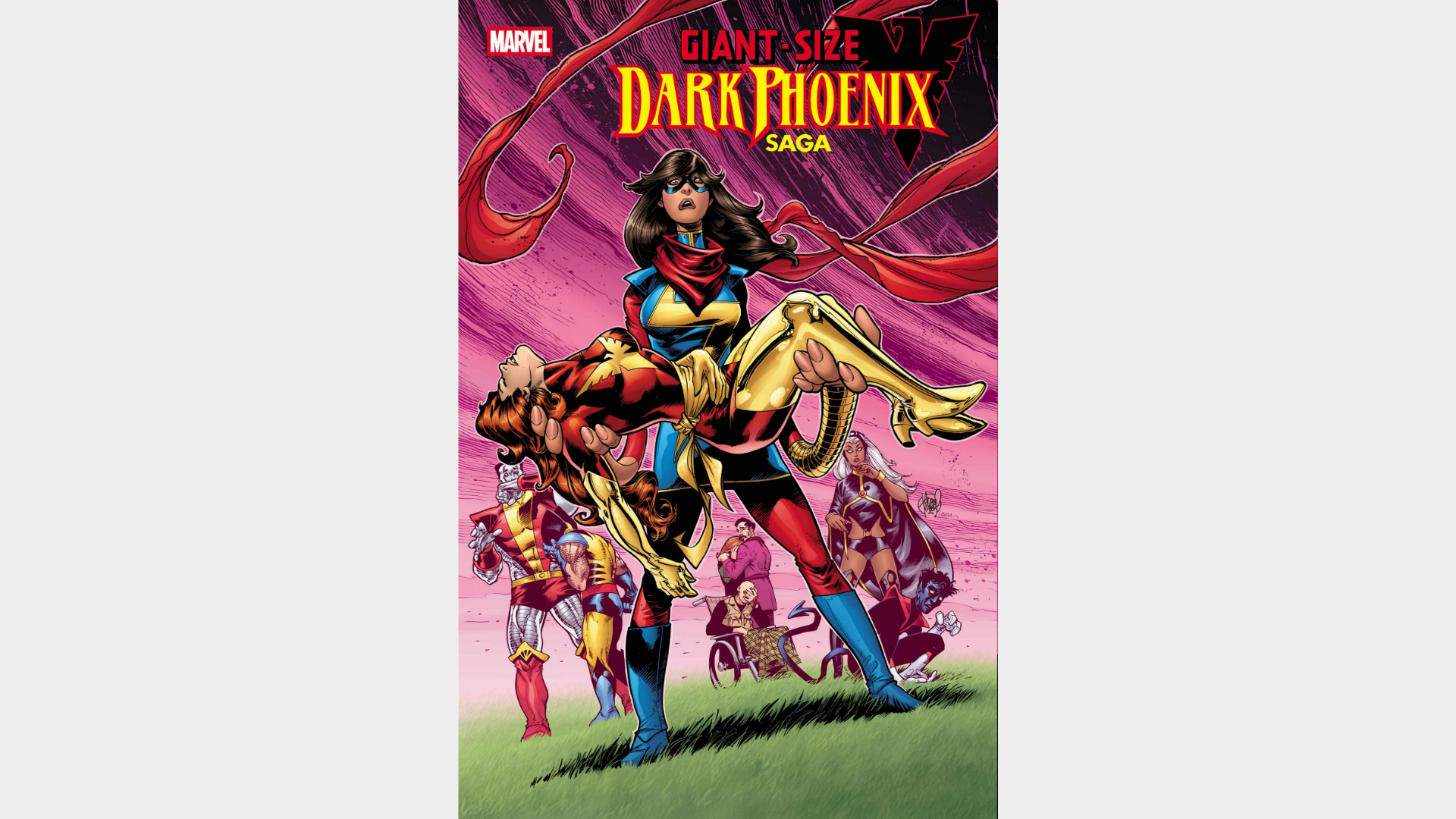 Ms. Marvel holding Jean Grey's body in an homage to the classic Dark Phoenix Saga