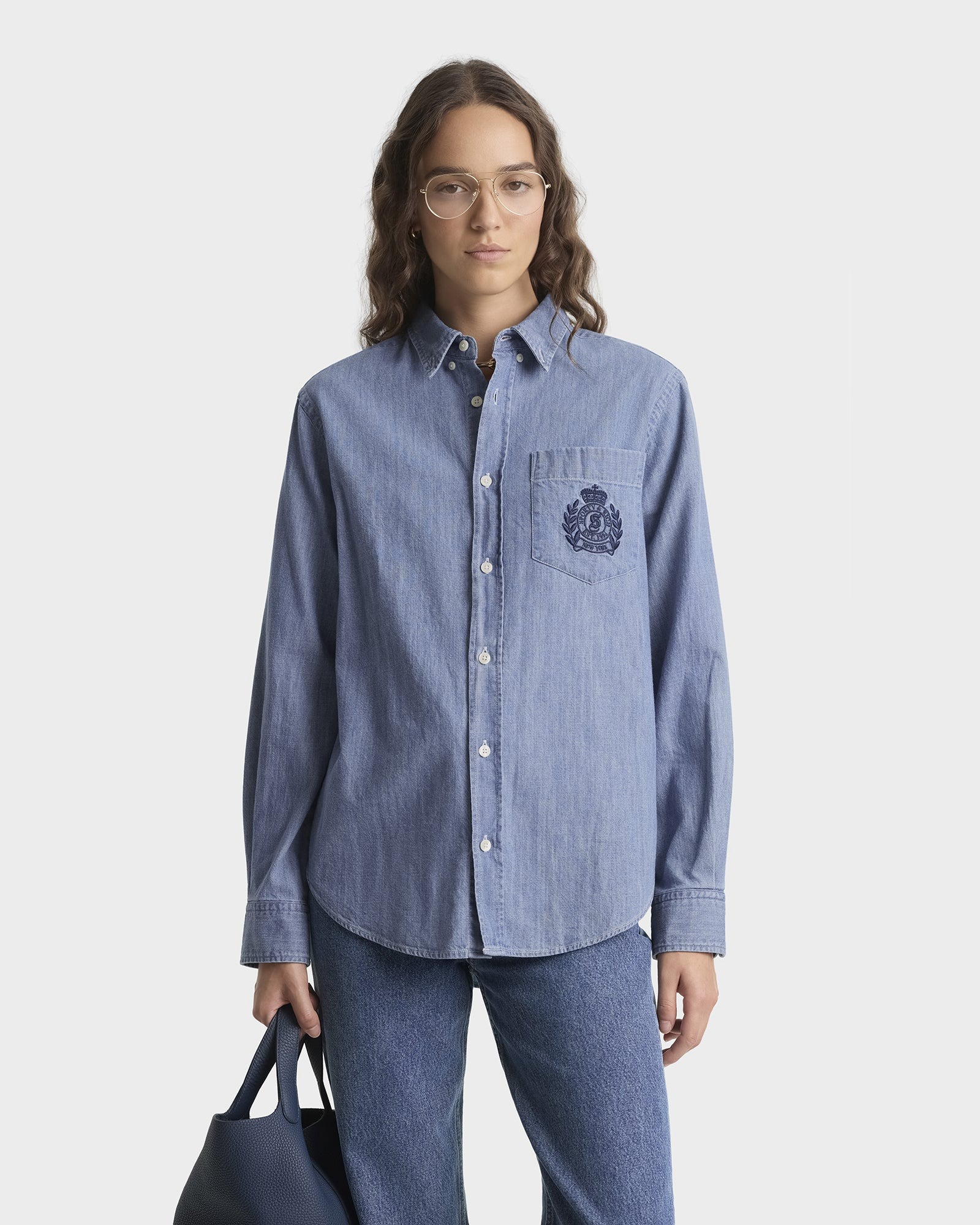 Sporty &amp;amp; Rich, Ny Crest Oversized Denim Shirt