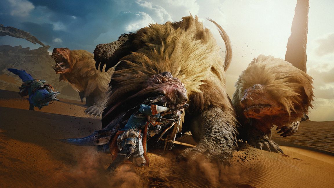 Monster Hunter Wilds creature art; large monsters attack a warrior in a desert, they have fur and scales