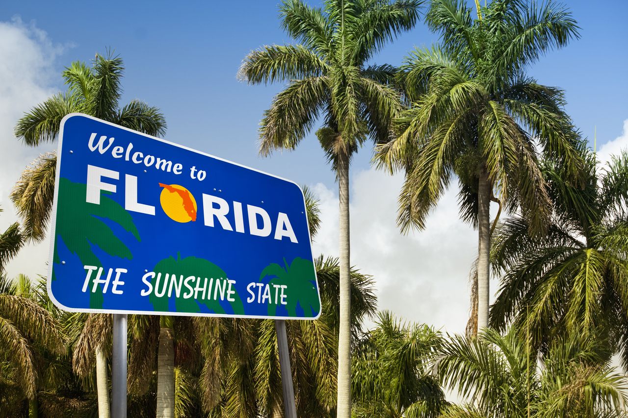 Welcome to Florida sign with palm trees in the background. 