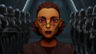 Barriss Offee with stormtroopers on both sides of her in Tales of the Empire