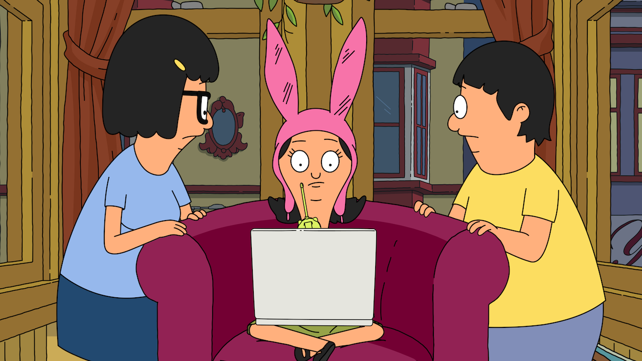 Tina and Gene watching Louise on laptop in Bob&#039;s Burgers Season 15 The Twinnening