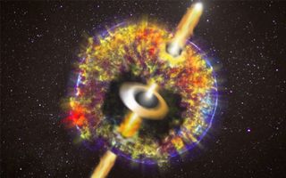 Illustration of a neutron star merger being blasted apart by a jet.