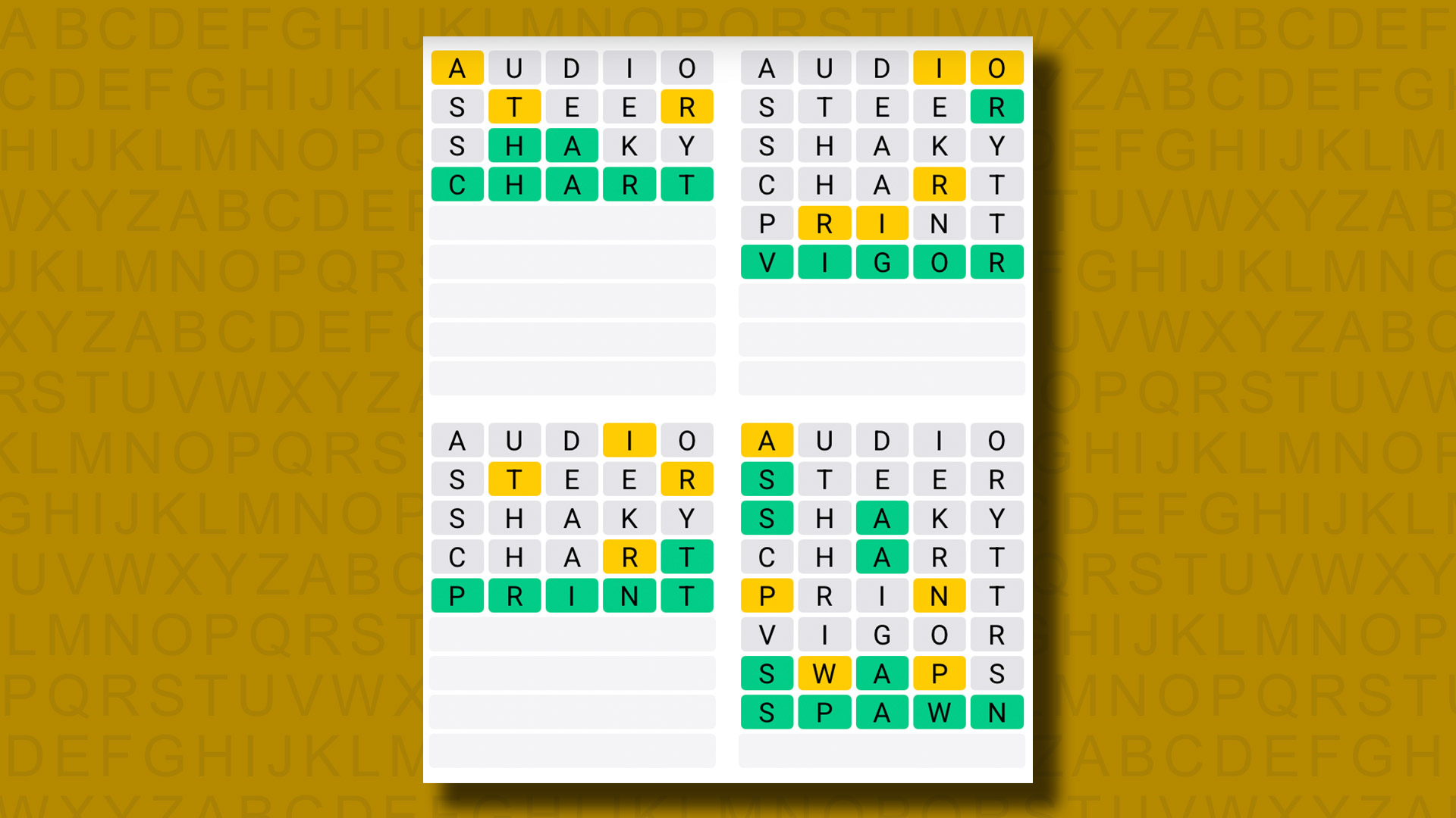 Quordle responde para 1093 jogos em um fundo amarelo