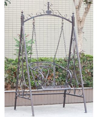 A grey iron 1-person porch swing