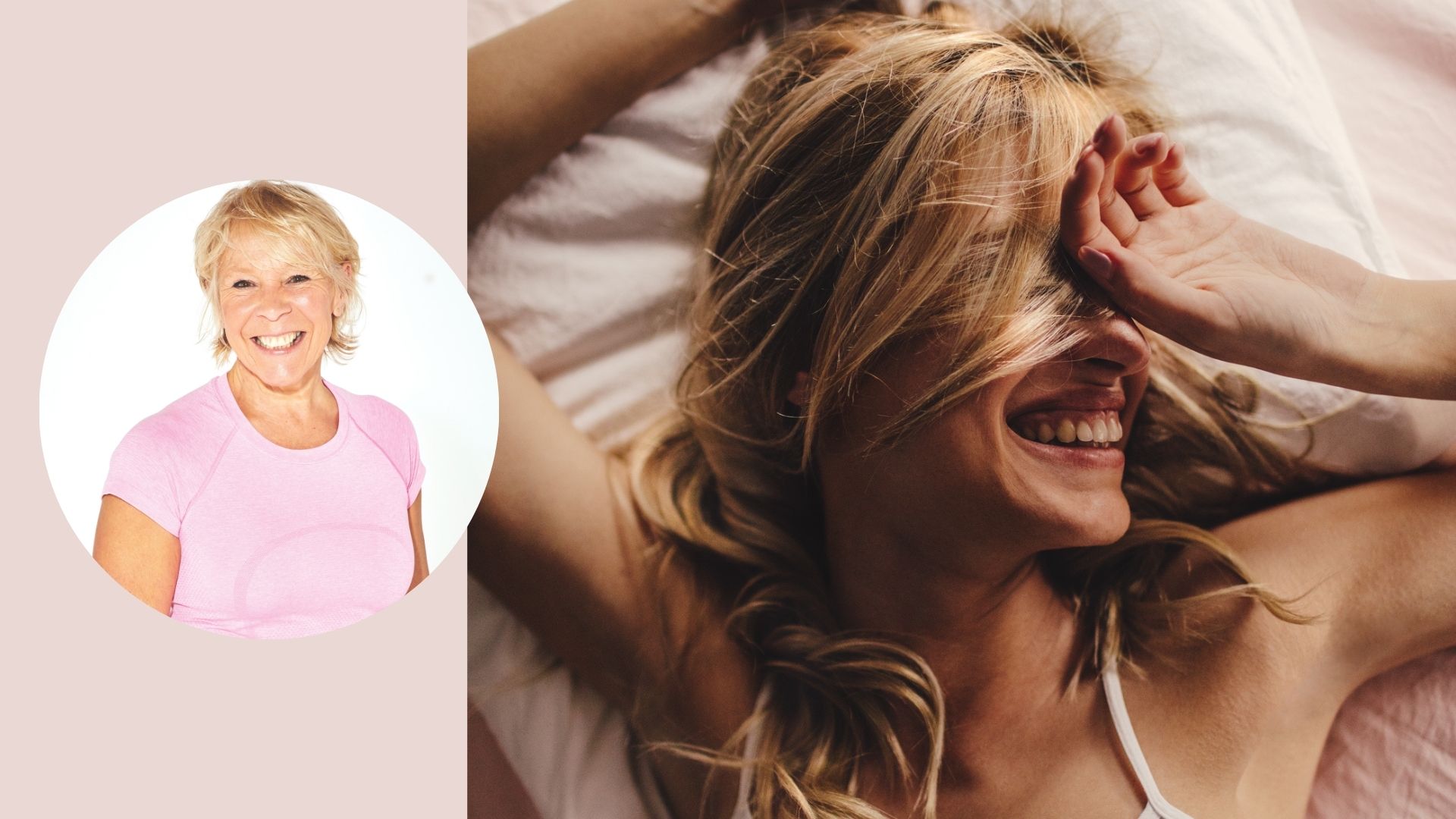A photo of a woman with dishevelled hair lying in bed, with a headshot of Annie Deadman overlaid
