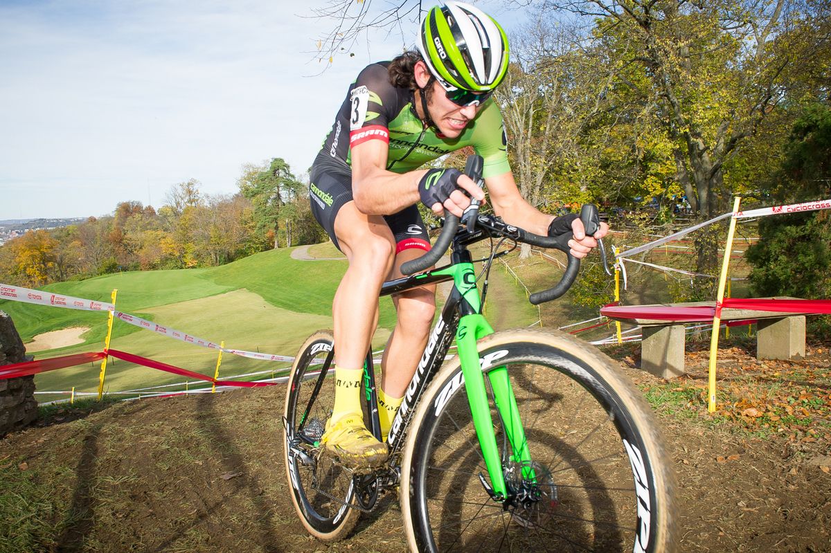 Curtis White (Cannondale-Cyclocrossworld) shows his grit and teeth through a sticky mud corner. White finished in second place