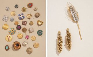 A selection of silvered and gilt metal, coloured diamanté and glass paste buttons and ear of corn brooch by Goossens