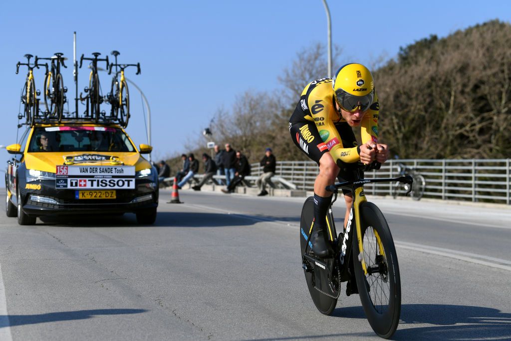 CAMAIORE ITALY MARCH 07 Tosh Van Der Sande of Belgium and Team Jumbo Visma sprints during the 57th TirrenoAdriatico 2022 Stage 1 a 139km individual time trial from Lido di Camaiore to Lido di Camaiore TirrenoAdriatico on March 07 2022 in Camaiore Italy Photo by Tim de WaeleGetty Images