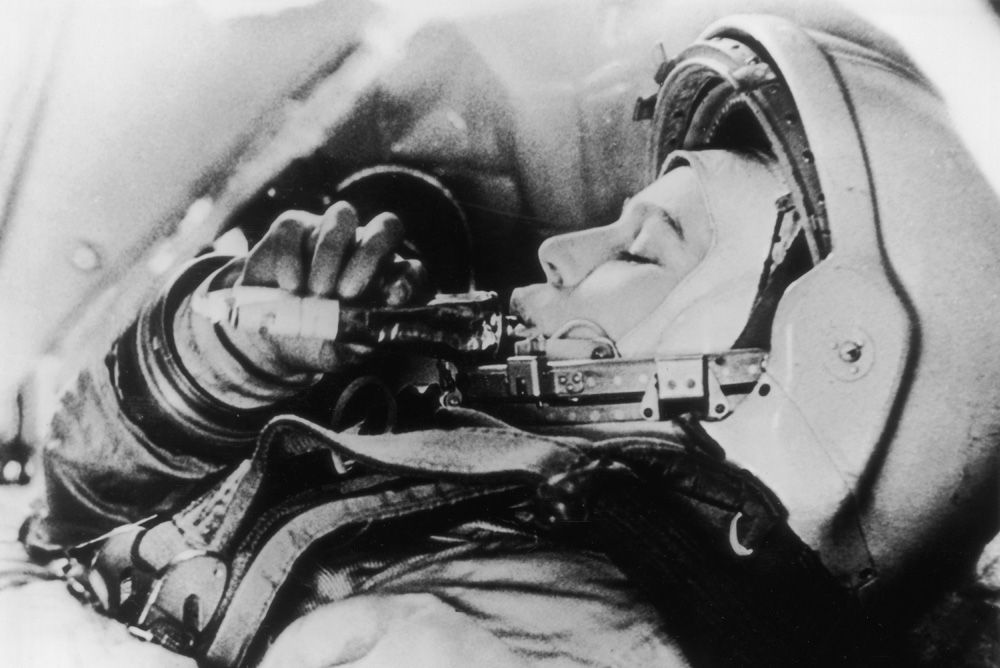 Russian astronaut Valentina Tereshkova practises feeding in simulated flight conditions for her flight as the first woman in space on the Vostok VI mission. (Photo by Keystone/Getty Images)