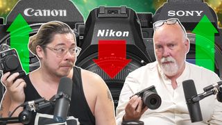 James and Chris in front of Canon, Nikon and Sony camera with red and green arrows