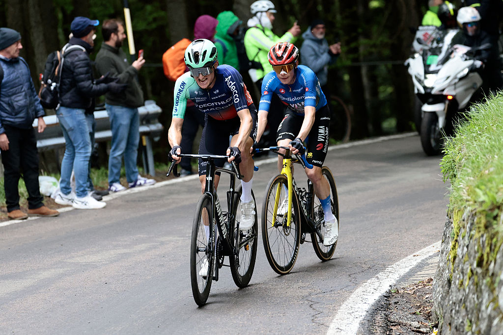Decathlon CMA CGM Team Austrian rider Felix Gall rides in front of Team Visma Lease a Bike Danish rider Jonas Vingegaard during the 9th stage of the Giro d'Italia 2026