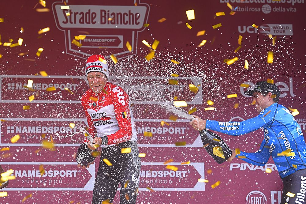 Benoot and Van Aert celebrate a job well done at Strade Bianche