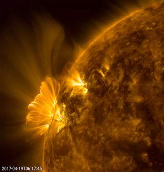 Magnetic loops reach up into the solar corona from an active region on the Sun. If those loops break, they initiate a solar flare and coronal mass ejection event.