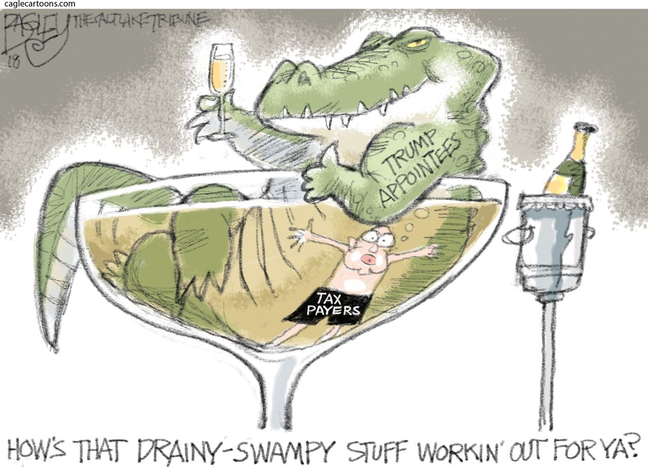 Political cartoon U.S. Trump White House draining the swamp taxpayers