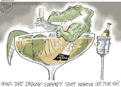 Political cartoon U.S. Trump White House draining the swamp taxpayers