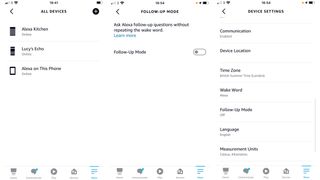 Screen grabs of setting up Follow-Up Mode on the Alexa app
