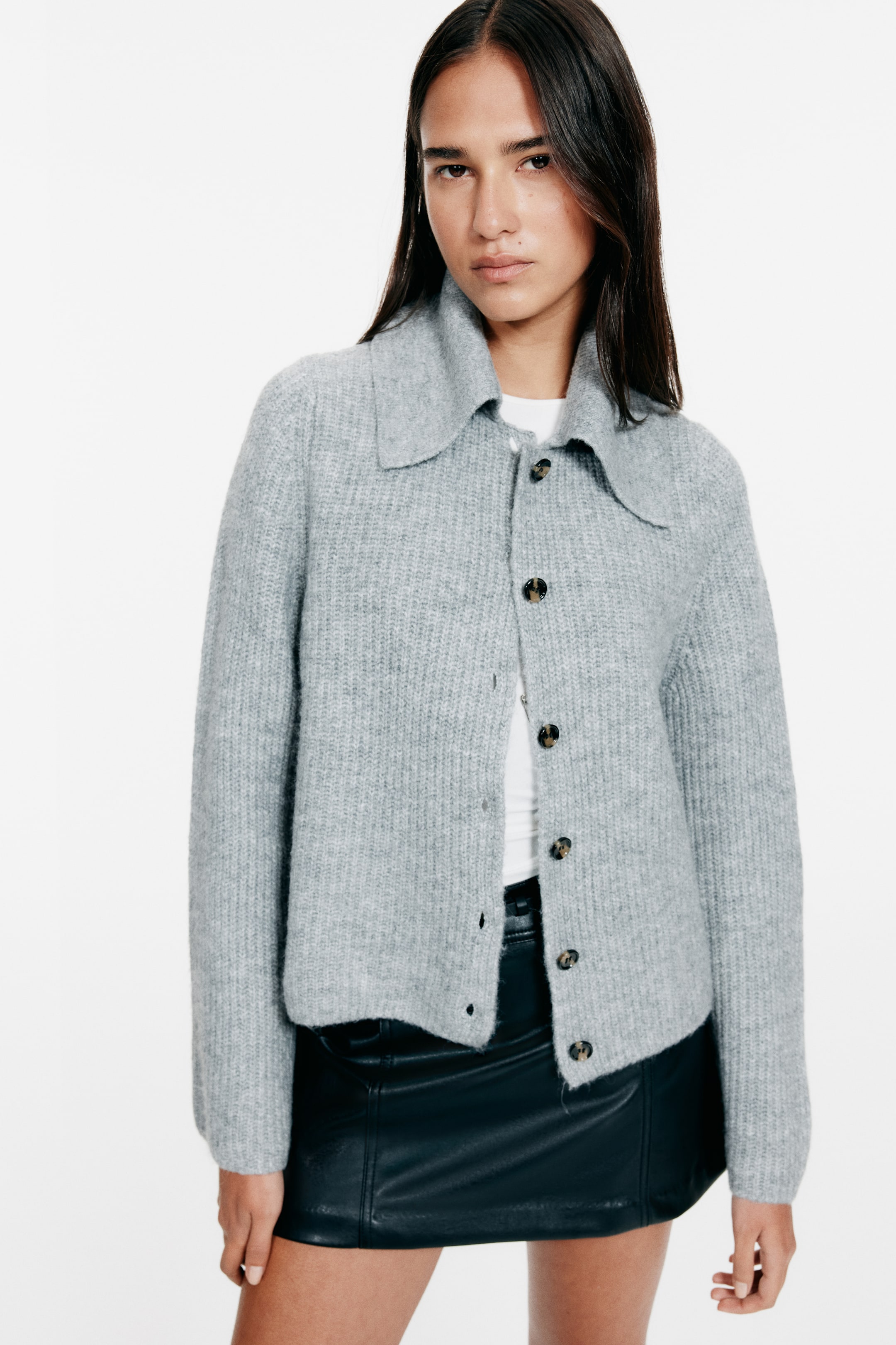 Rib-Knit Collared Cardigan