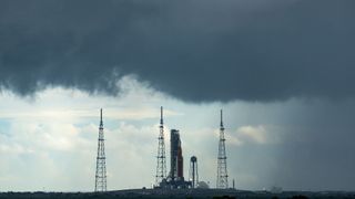 The Artemis I is seen with clouds rolling in at the Kennedy Space Center on Monday, Aug. 29, 2022 in Cape Canaveral, FL.