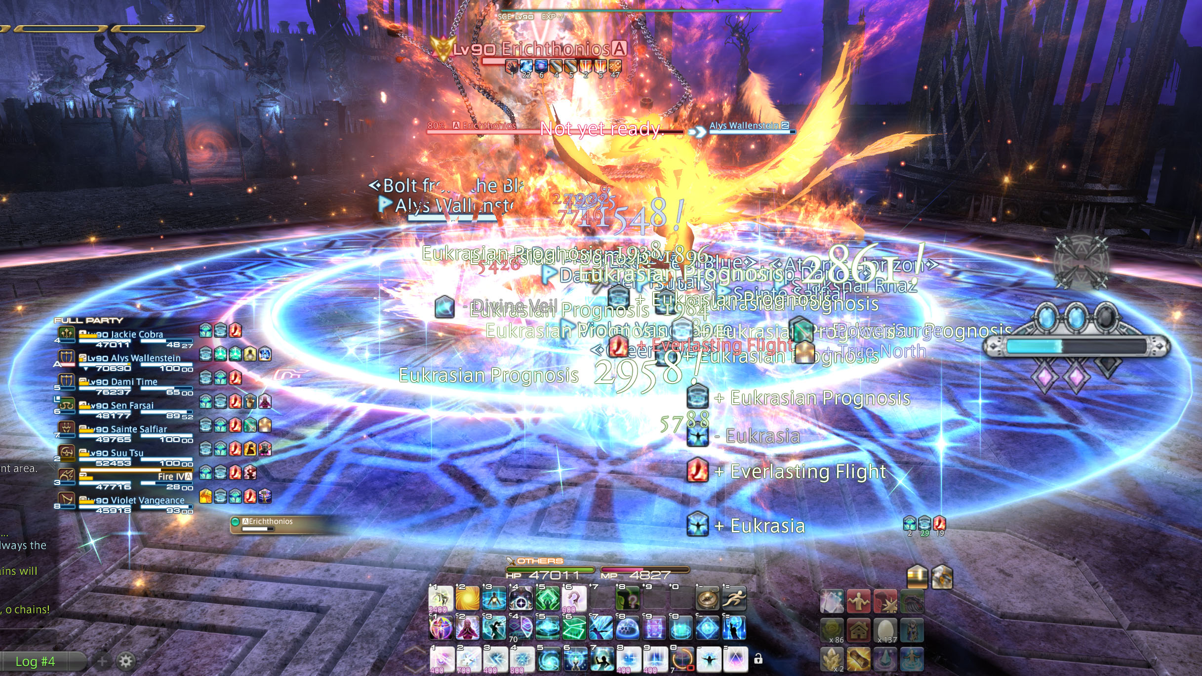 Final Fantasy XIV screenshot of a raid encounter, with a bunch of text and spell effects