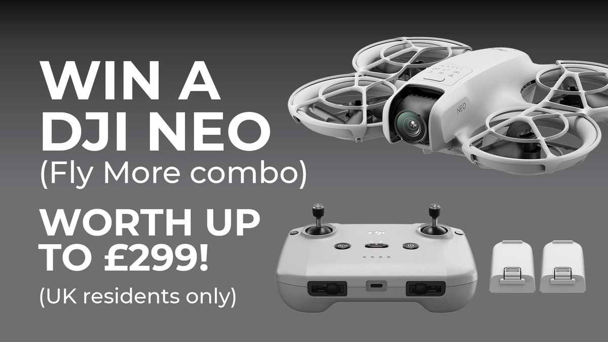 Graphic on grey gradient with images of DJI Neo Fly More combo and text: &quot;WIN A DJI NEO (Fly More combo) WORTH UP TO £299!&quot;