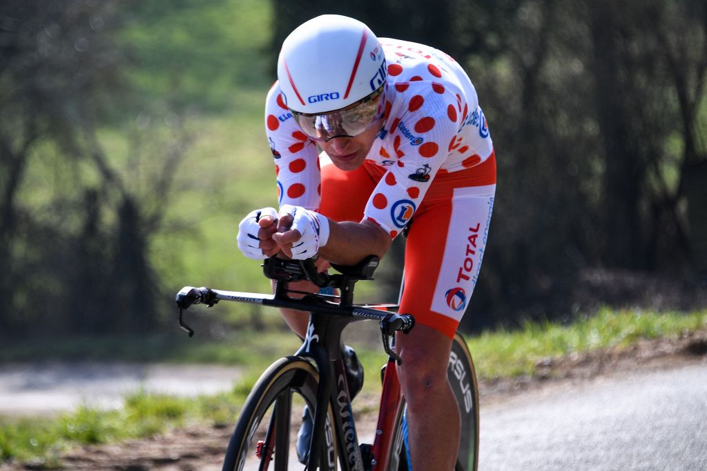 Team Total Direct Energie rider Frances Fabien Doubey wearing the best climbers polka dot jersey competes during the 3rd stage of the 79th Paris Nice cycling race a 144km individual timetrial from Gien to Gien on March 9 2021 Photo by AnneChristine POUJOULAT AFP Photo by ANNECHRISTINE POUJOULATAFP via Getty Images