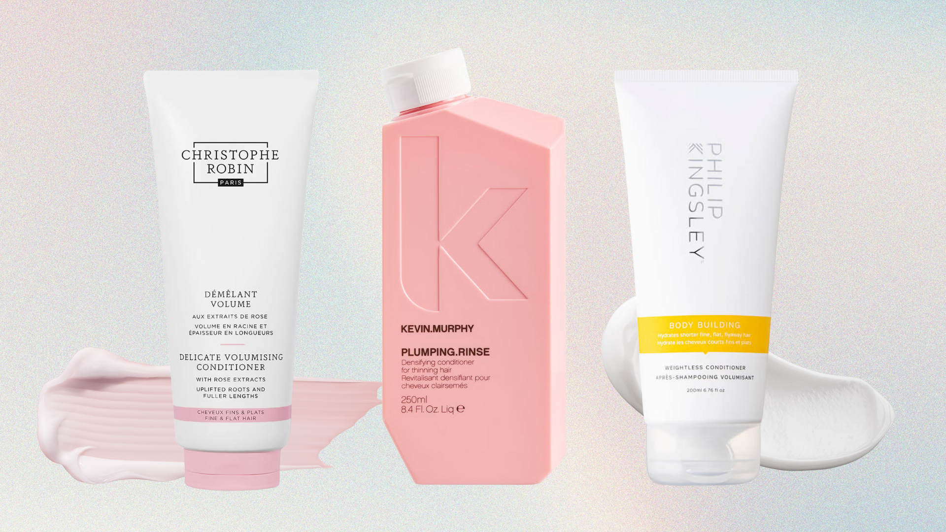 Collage of three of the best conditioners for fine hair featured in this guide from (left to right) Christophe Robin, Kevin Murphy and Philip Kingsley, set in front of one pink and one white product swatch on a pastel blue and pink ombre background