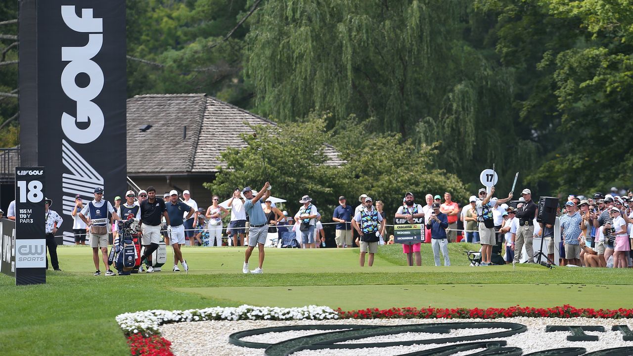 Bryson DeChambeau takes a shot on the 18th tee at LIV Golf Greenbrier