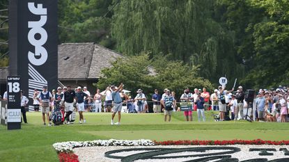 Bryson DeChambeau takes a shot on the 18th tee at LIV Golf Greenbrier