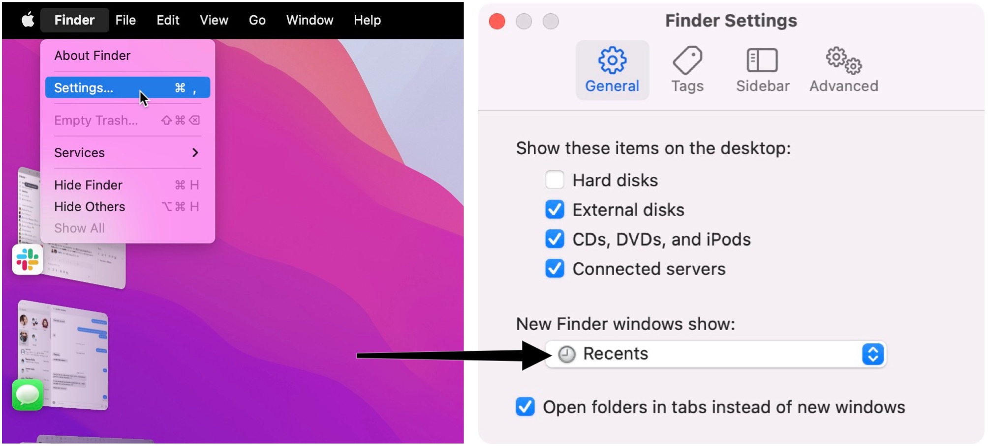 To set which folder to show in Finder by default, in Finder, click on Finder in the Menu bar and select Settings. Click General. In the drop-down menu, click on the folder or storage device. If your desired section isn't immediately available, choose Other.