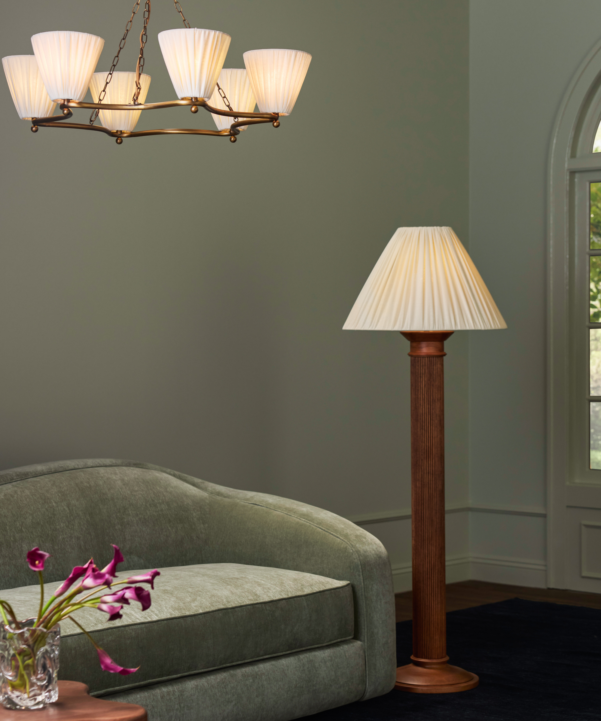 Huey lighting for Lulu and Georgia in a sage green living room