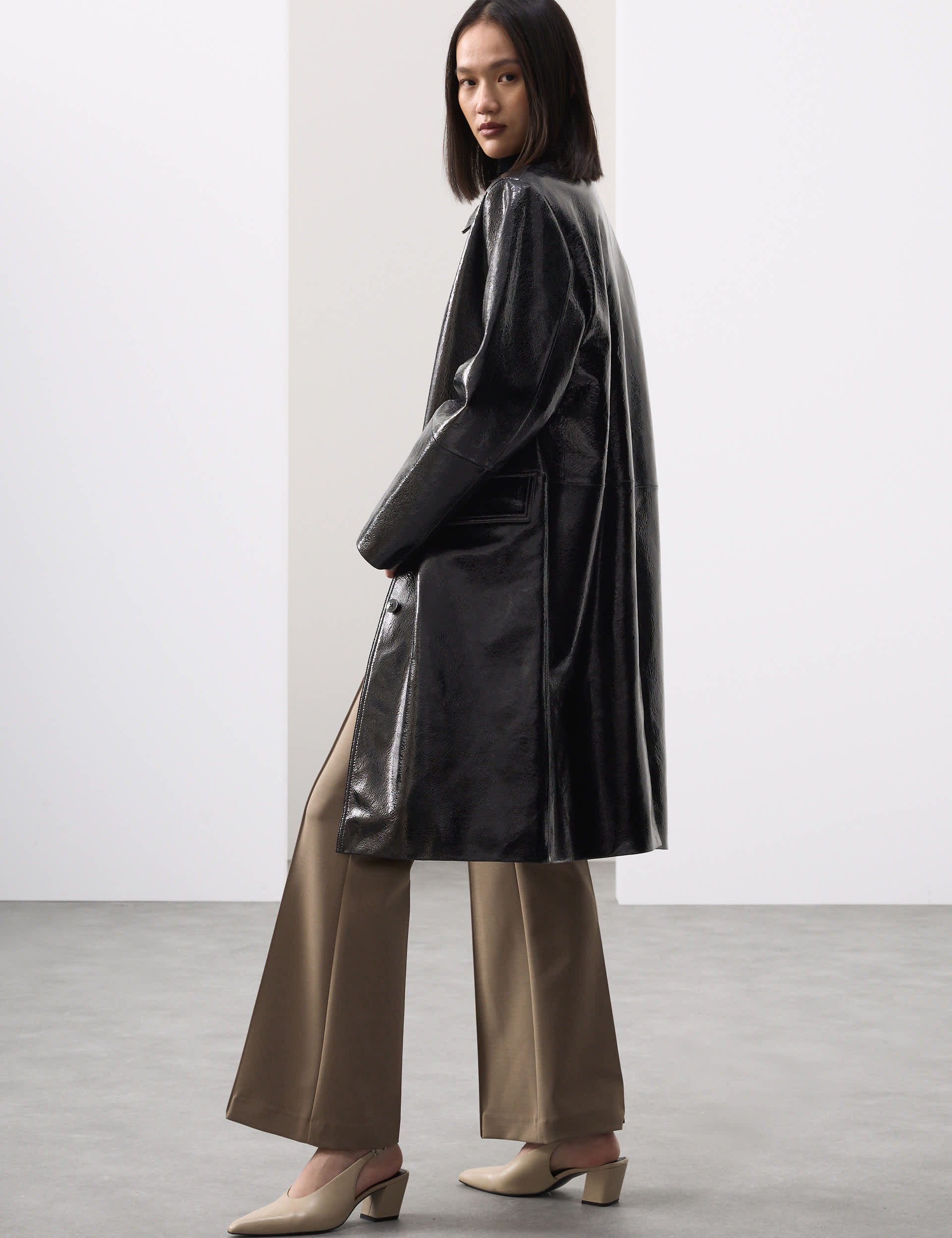 Leather Patent Crackle Longline Car Coat