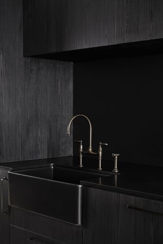 black sink with brass fixtures