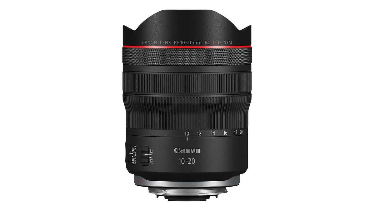 Canon RF 10-20mm F4 L IS STM lens on a white background