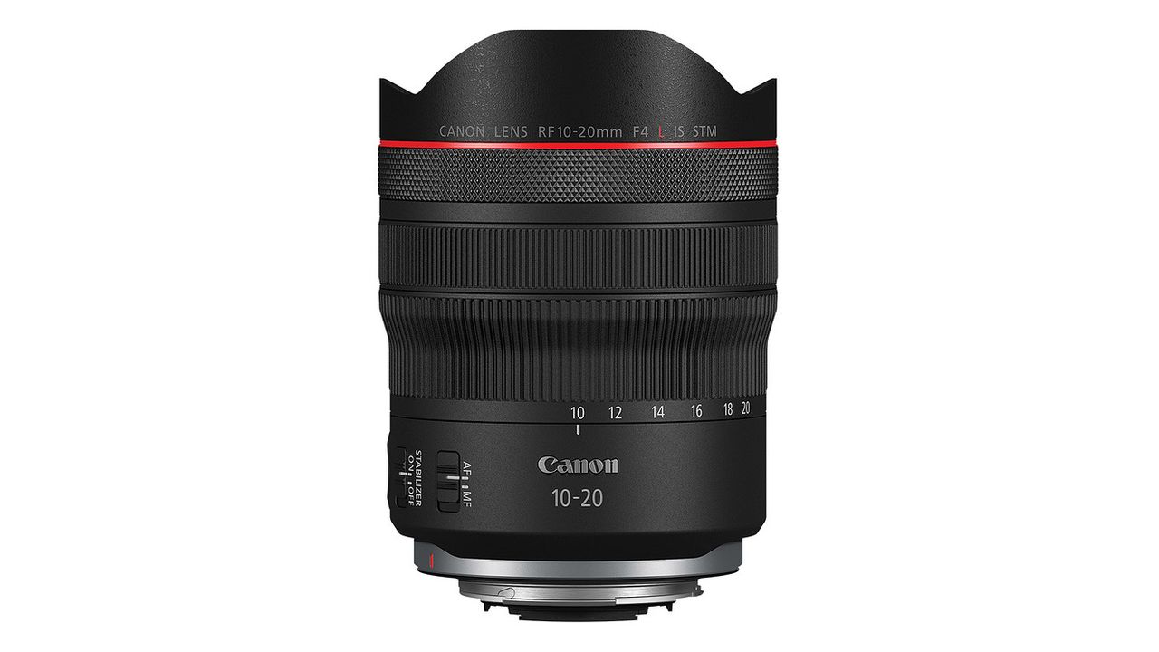 Canon RF 10-20mm F4 L IS STM lens on a white background