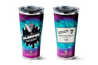 7-Eleven will give away 10 stainless steel tumblers (pictured) and 30 plastic cups that will fly on its "Slurpee Space Mission" in August 2021.
