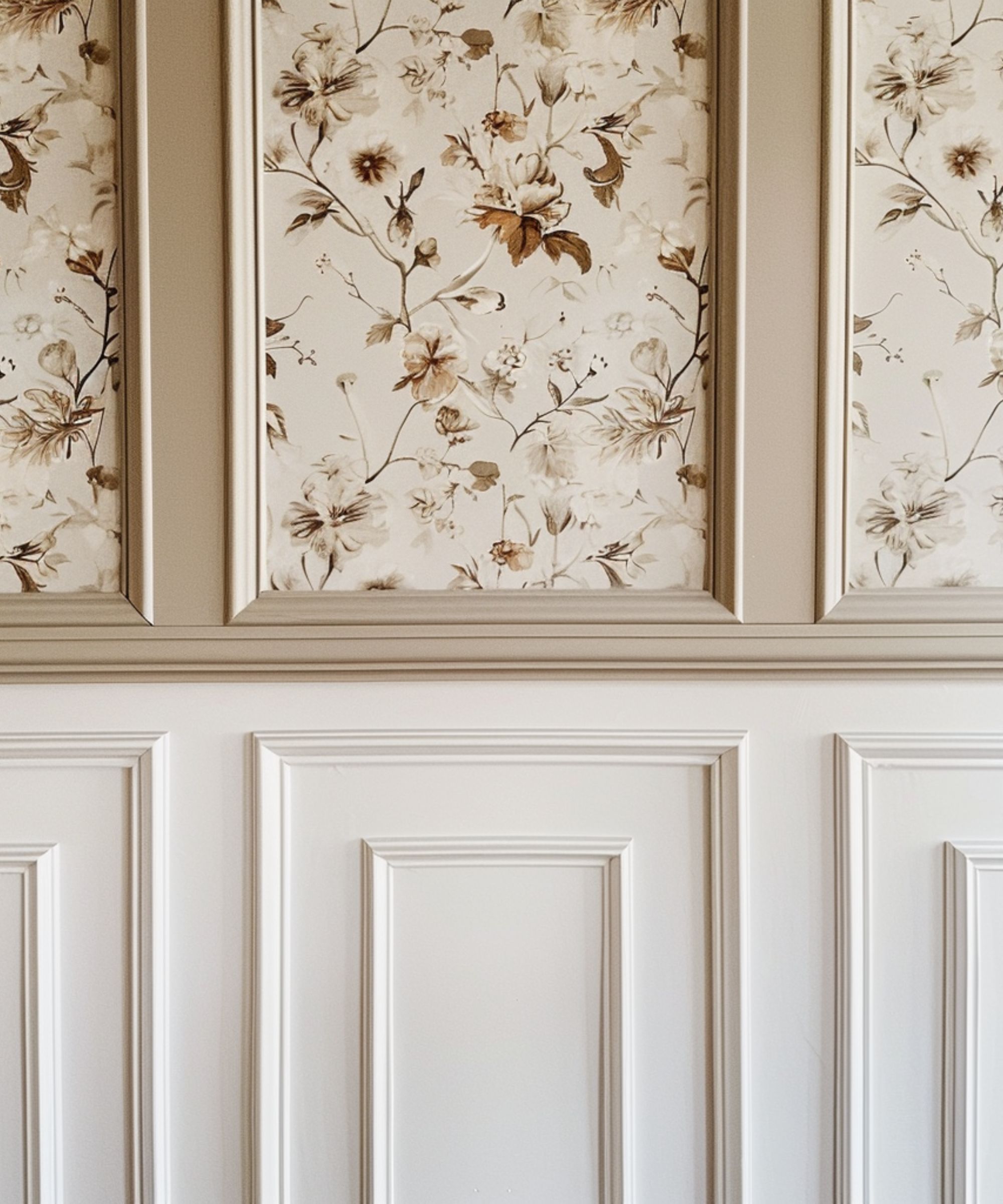 A panelled wall with floral wallpaper integrated into the design on the top half of the wall