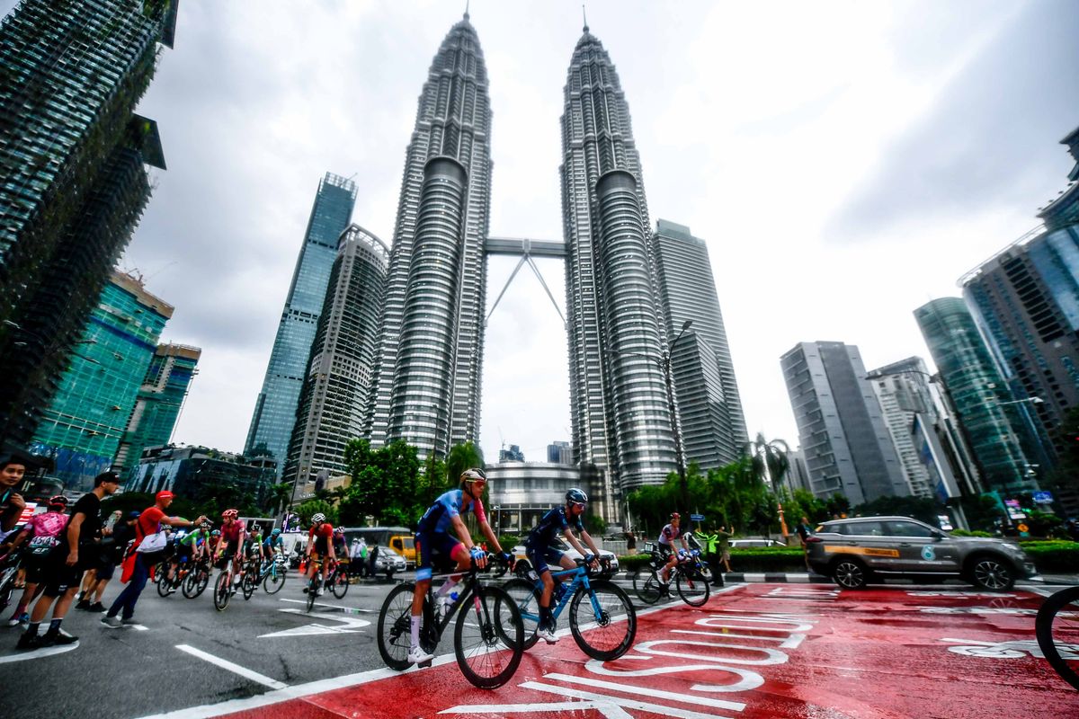 The finish line of stage 1 of Le Tour de Langkawi 2022 was in front of the Petronas Towers in Kuala Lumpur