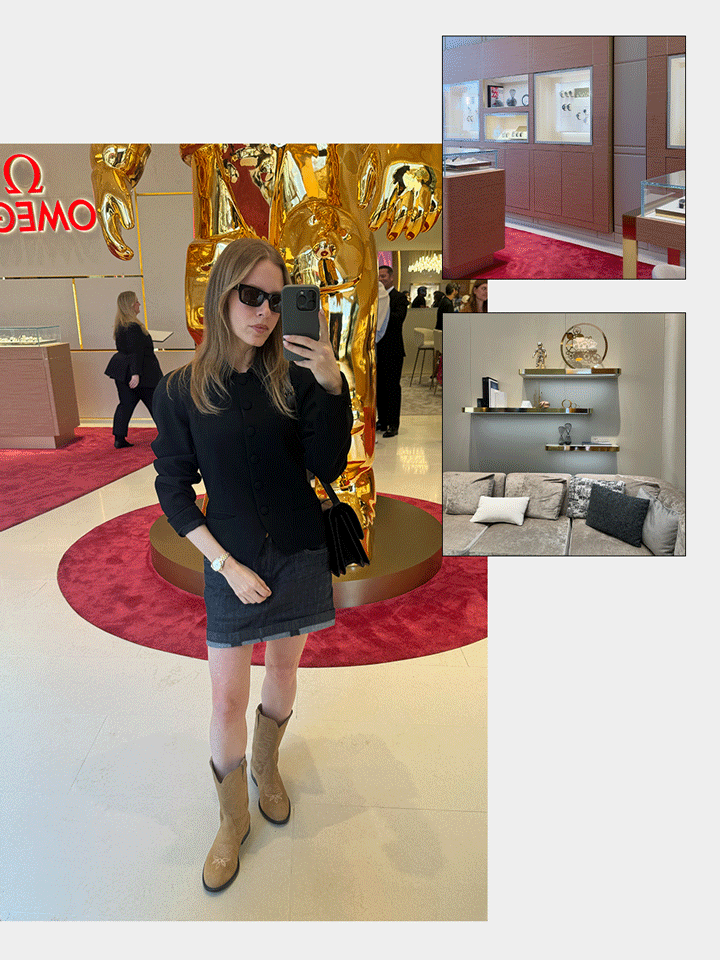 a collage of nikki chwatt in Omega's austin texas store.