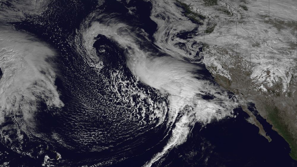 NOAA&#039;s GOES-West satellite captured this image of storms barreling towards California on February 27, 2014.