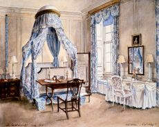 At Ditchley Park, Oxfordshire, Nancy Tree (later Lancaster) embraced curtained comfort. ©Country Life