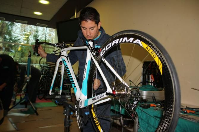 One of Astana's Specialized road bikes is assembled at the team's training camp
