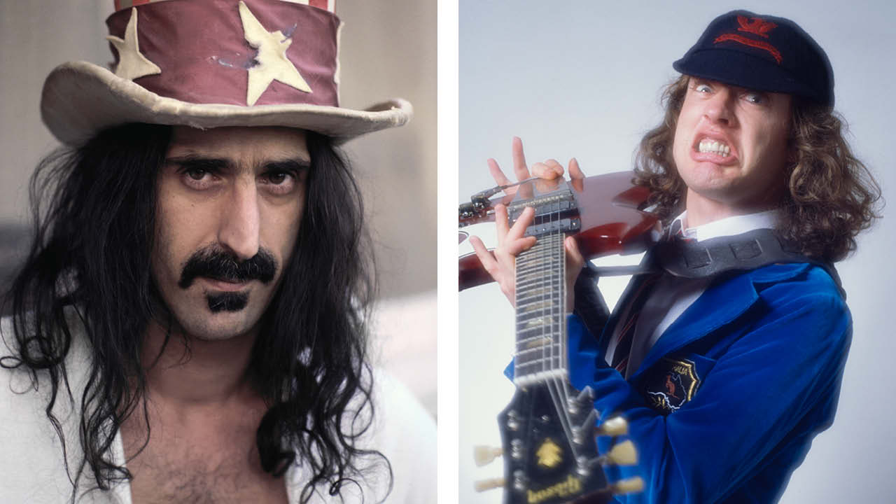 A composite picture of Frank Zappa wearing a stars and stripes hat and AC/DC’s Angus Young holding up a guitar