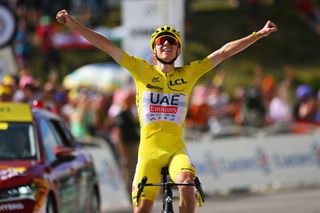 PLATEAU DE BEILLE FRANCE JULY 14 Tadej Pogacar of Slovenia and UAE Team Emirates Yellow Leader Jersey celebrates at finish line as stage winner during the 111th Tour de France 2024 Stage 15 a 1977km stage from Loudenvielle to Plateau de Beille 1782m UCIWT on July 14 2024 in Plateau de Beille France Photo by Dario BelingheriGetty Images