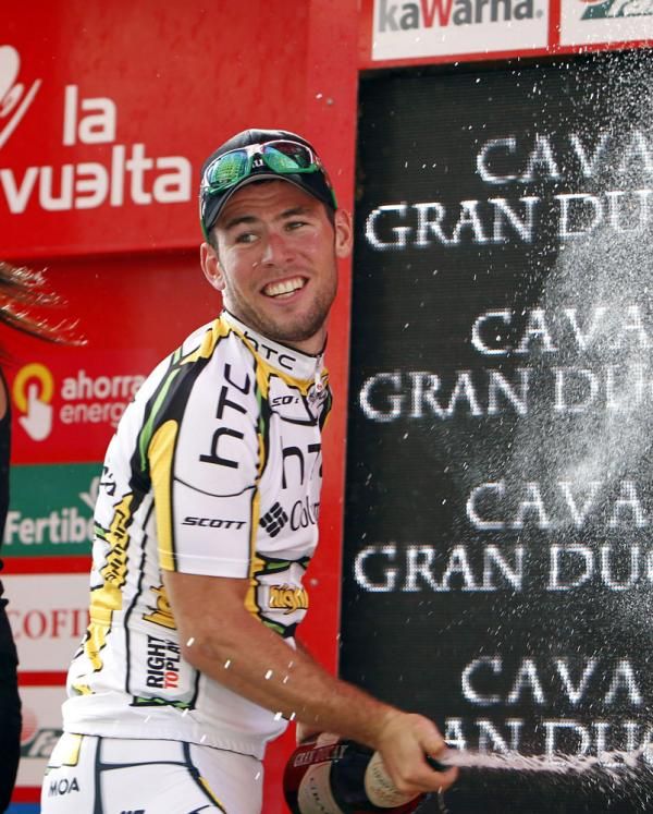 Mark Cavendish (HTC-Columbia) celebrates with a spray of champagne