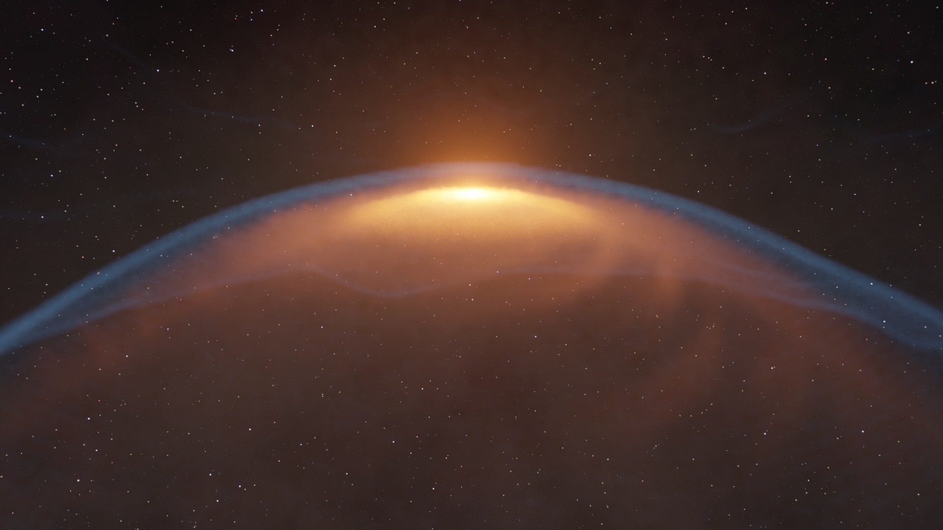 An expanding wave of golden light rushes across the darkness of space, spreading out from a protoplanetary disk