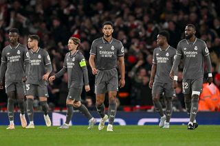 London, United Kingdom - April 8: Jude Bellingham of Real Madrid looks dejected during the UEFA Champions League 2024/25 Quarter Final First Leg match between Arsenal FC and Real Madrid C.F. at Arsenal Stadium on April 8, 2025 in London, England. (Photo by Vince Mignott/DeFodi Images/DeFodi via Getty Images)